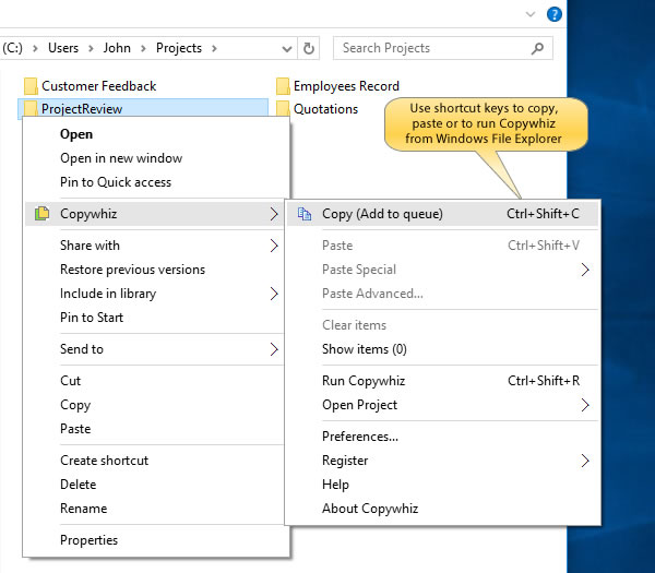 Selecting files in Copywhiz using File Explorer