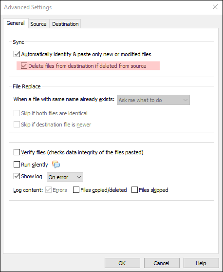 Sync source files with destination