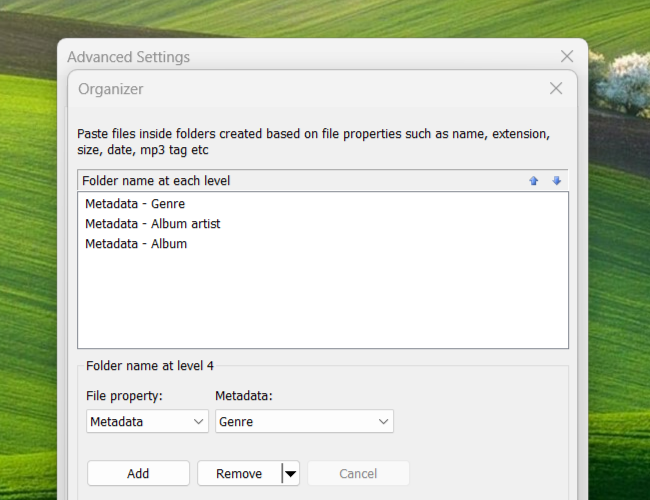 Automatically organize files based on name, date, size, type, metadata (mp3) etc