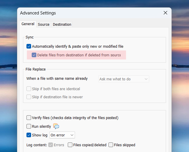 Sync files between source and destination folders in Windows