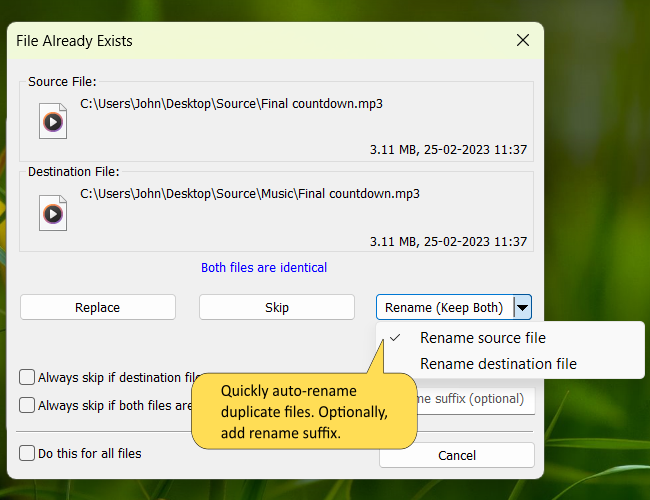 Automatically rename duplicate files when copying