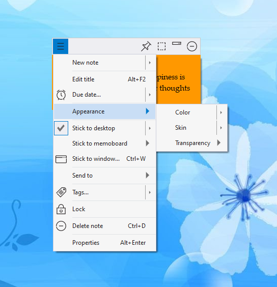 Editing sticky notes appearance - color, skin, transparency in