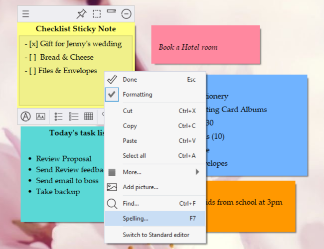 Sticky notes spelling check, insert pictures & text formatting