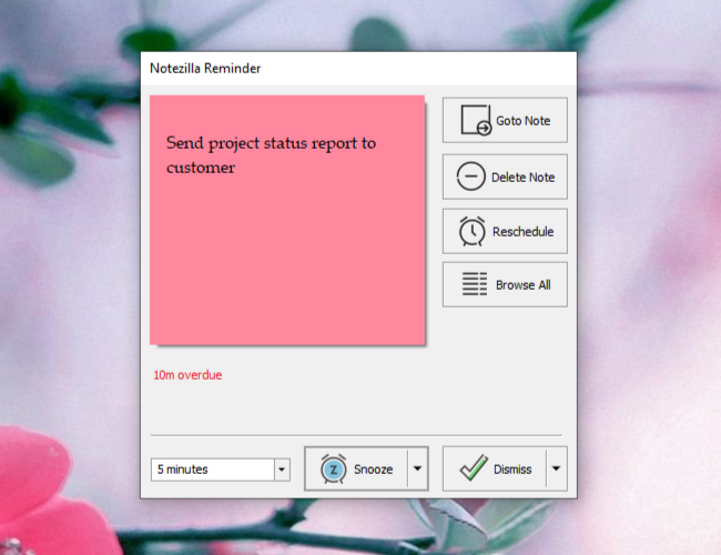 Sticky note in reminder popup window