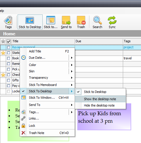 Stick to Desktop menu  Notezilla