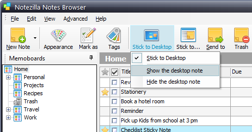 Stick to Desktop menu in Notezilla