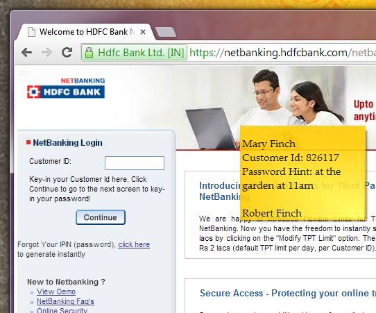 Sticky note on bank website Sticky note on bank website