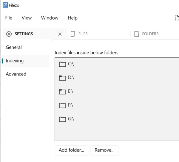 Add/remove indexing folders/drives in Filezo for Windows