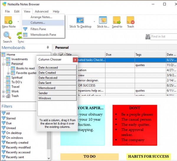 Display sticky note creation date in a column, in the Notezilla Notes