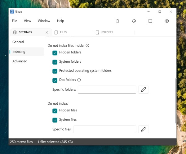 Exclude files and folders when indexing in Filezo